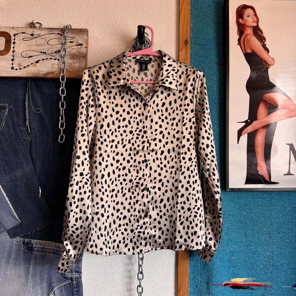 Sincerly Jules Beige and Black Spotted Button-Down Blouse